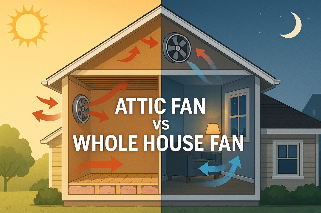 Illustration of a home showing attic fan ventilating hot air during the day and whole house fan pulling in cool air at night with airflow arrows.
